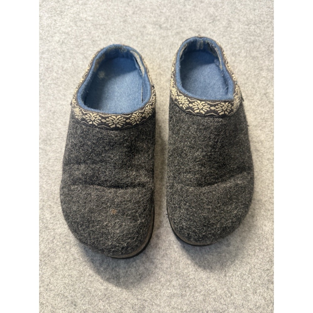 L.L.Bean Womens 7M Wool Felt Clog Slippers Gray Blue Snowflake Slip On 301149